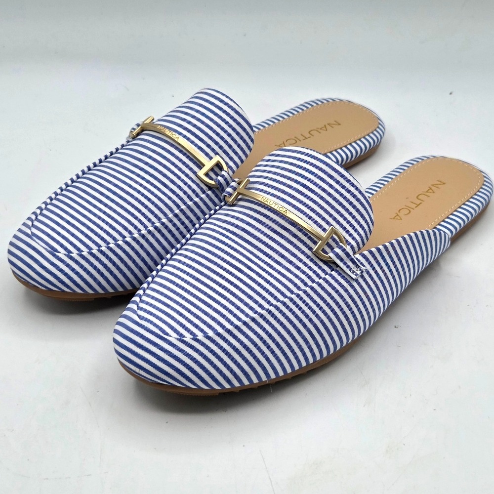 Nautica LaBella Women's US 7.5 Blue White Striped Flat Mules Comfort Slip ons